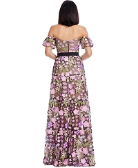 Dress The Population Women's Lara Off-the-Shoulder Sweetheart 3D Floral Embroidered Tiered Gown