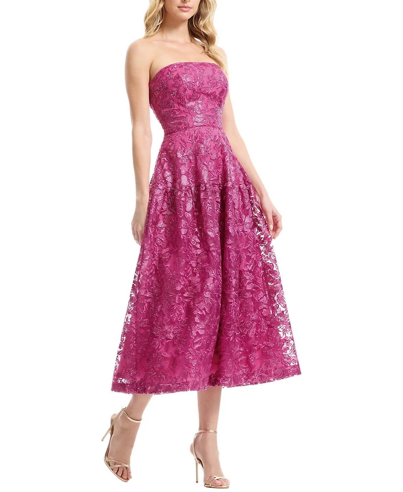 Dress The Population Women's Gemma Strapless Floral Lace Tiered Midi Dress