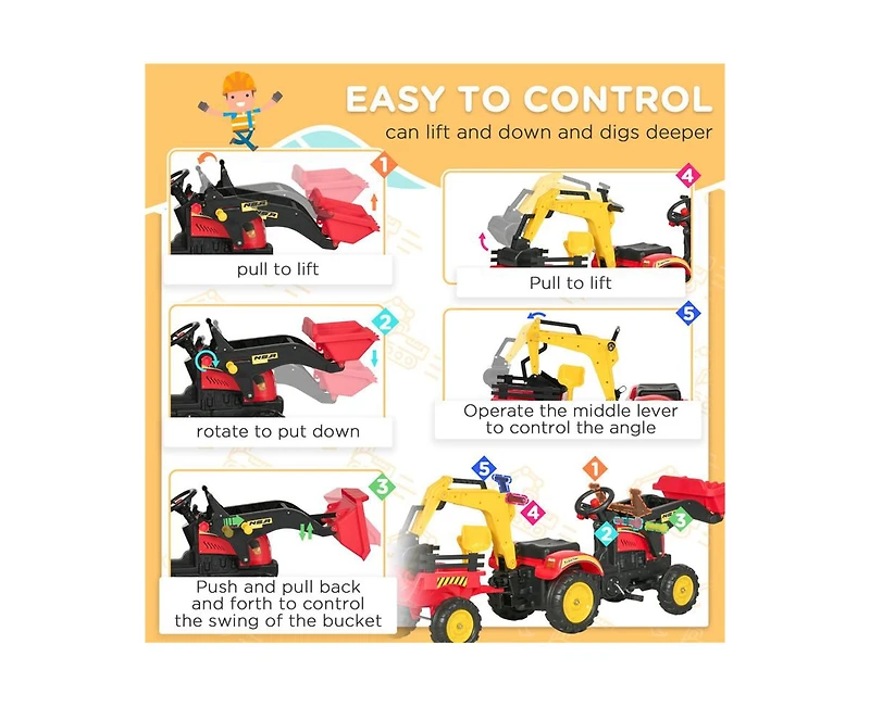 Yobtop 3-in-1 Kids Ride On Excavator Bulldozer Pedal Car Ride-On Toy, 77 lbs Capacity, Ages 3+