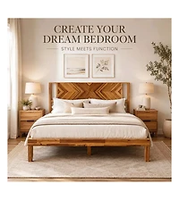 Gaomon Platform Bed Frame - Mid-Century Modern Wood with Geometric Headboard and Wooden Slats Support, No Box Spring Needed, for Bedroom