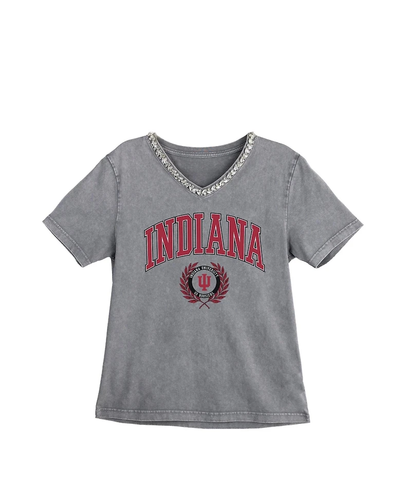 Gameday Couture Women's Gray Indiana Hoosiers Iconic Edge Rhinestone V-Neck T-Shirt