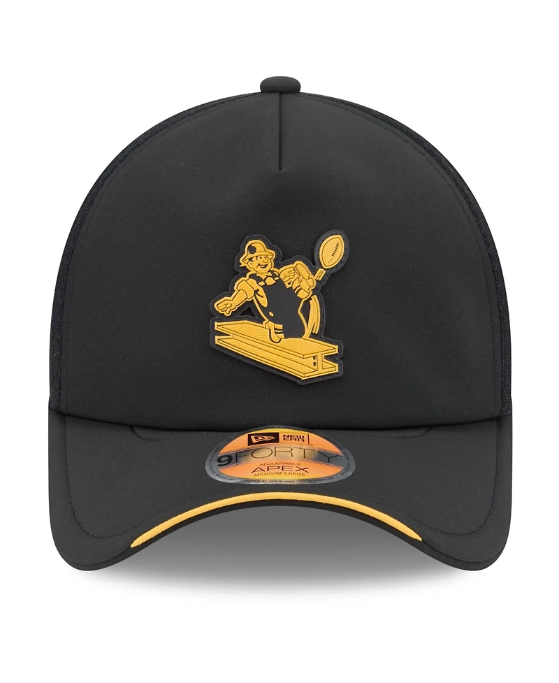 New Era Men's Black Pittsburgh Steelers 2026 Sideline Throwback Apex 9FORTY Adjustable Trucker Hat