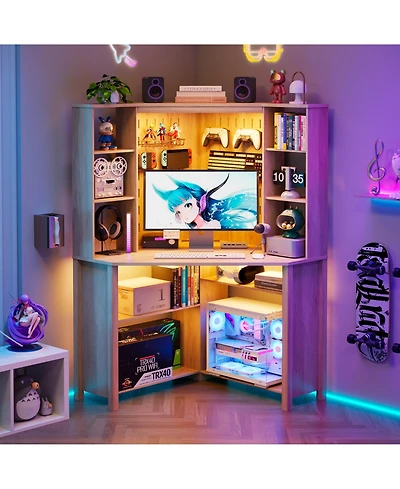 Vlsrka 35×35 Inch Pentagonal Corner Desk, Led Lighting and Usb Ports