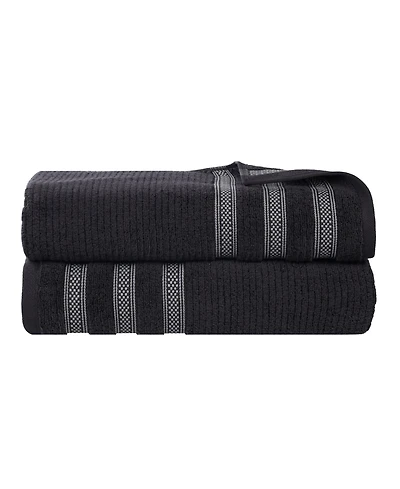 Superior Brea Zero Twist Cotton Ribbed Geometric Border Plush Soft Absorbent 2-Piece Bath Sheet Set