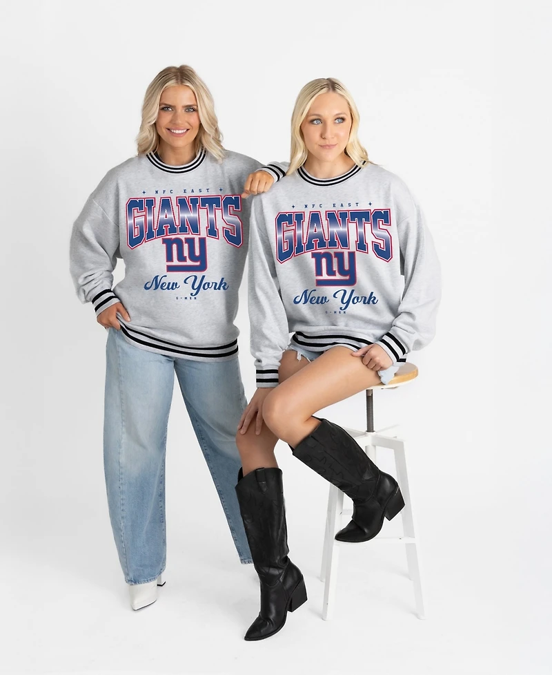 Gameday Couture Women's Ash/Black New York Giants Oversized Gridiron Drive Ringer Stripe Sweatshirt