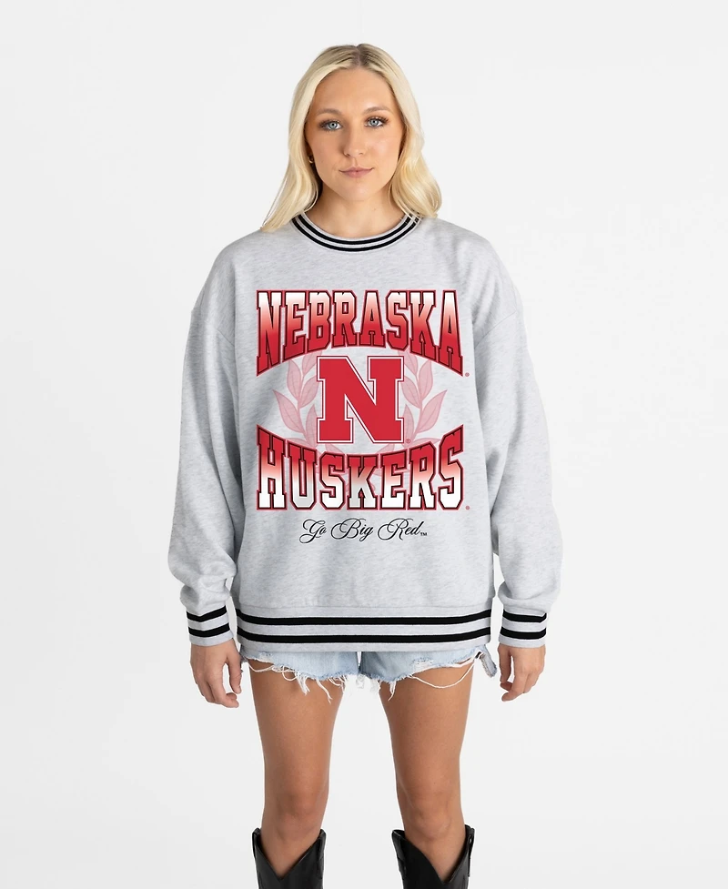Gameday Couture Women's Ash Nebraska Huskers Oversized Fade Route Ringer Stripe Sweatshirt