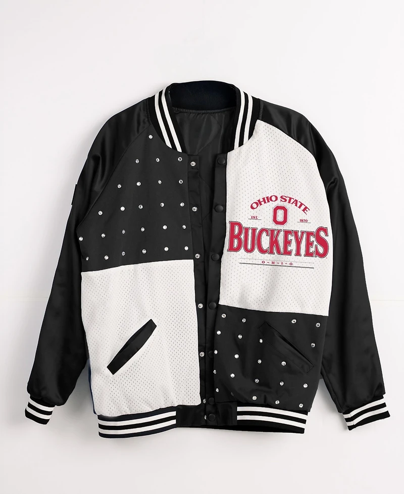 Gameday Couture Women's Black Ohio State Buckeyes Oversized Inner Drive Varsity Rhinestone Full-Snap Bomber Jacket