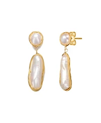 Sterling Silver with 14K Gold Plated and 2 Genuine Freshwater Pearl Dangling Earrings