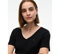 Tommy Hilfiger Women's Rib Slim V-Neck Short-Sleeve T-Shirt
