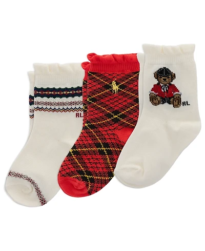 Polo Ralph Lauren Baby Girls' Equestrian Bear Cotton Crew Socks, 3-Pack