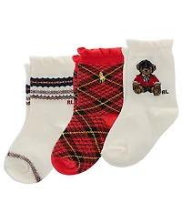 Polo Ralph Lauren Baby Girls' Equestrian Bear Cotton Crew Socks, 3-Pack