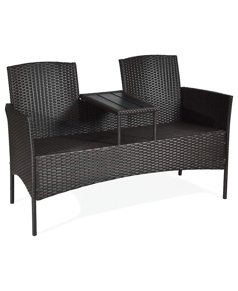 Gymax Patented Rattan Wicker Patio Conversation Set w/ Loveseat Table Cushion