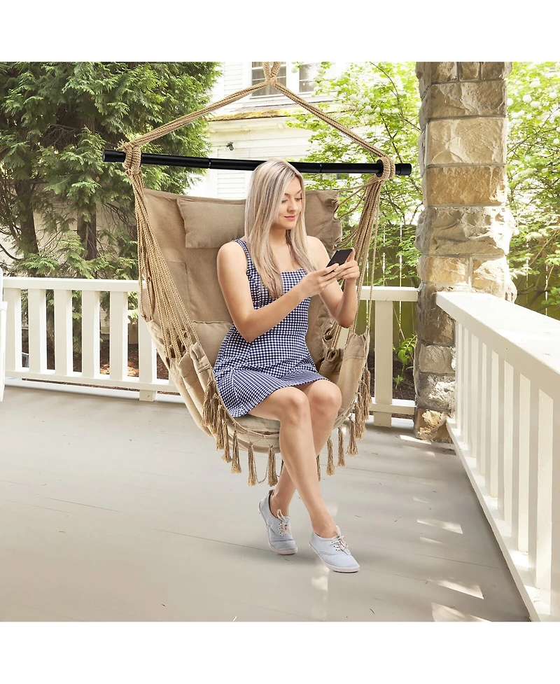 Gymax Hammock Chair w/ Soft Pillow Cushions Pocket Hanging Rope Swing Steel Bar Gray