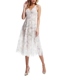 Dress The Population Women's Blair V-Neck 3D Floral Embroidered Fit and Flare Dress