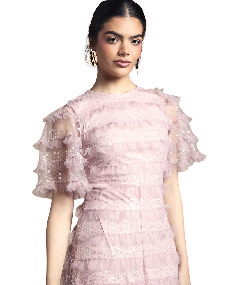 Oasis Women's Sequin Ruffle-Detail Short-Sleeve Maxi Dress