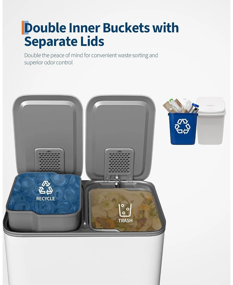gaomon 2x8 gal Stainless Steel Double Trash Can, Step-on Recycle Bin Combo with Lid for Kitchen