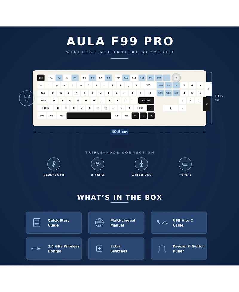 Aula F99 Pro Wireless Mechanical Gaming Keyboard, Tri-Mode Bt Type-c, Rgb Backlit with Multifunctional Knob, 8000mAh Battery