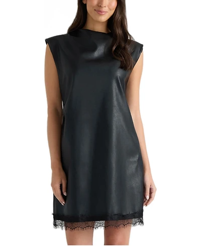 Ellen Tracy Women's Padded-Shoulder High-Neckline Lace-Trim Short Dress