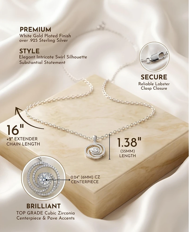 Sterling Silver White Gold plated Cubic Zirconia Swirl Knot Necklace