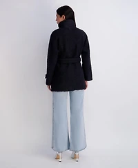 Kensie Women's Belted Faux Boucle Wool Jacket With Stand Collar