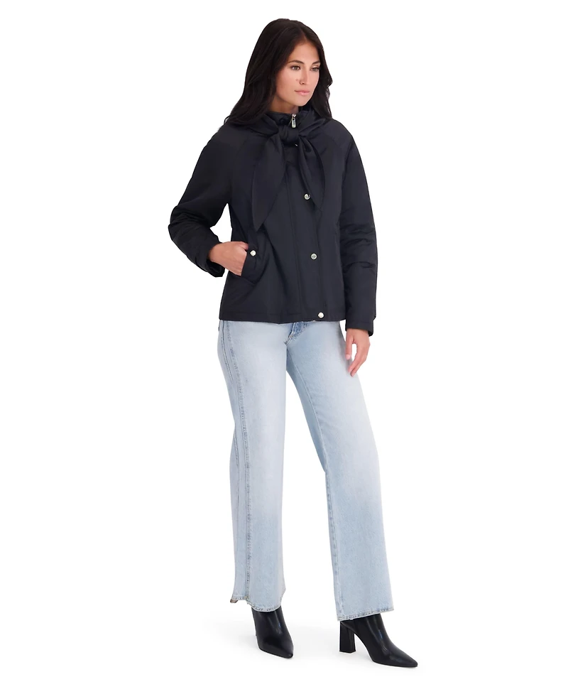 Kensie Women's Satin Hooded Jacket With Attached Scarf