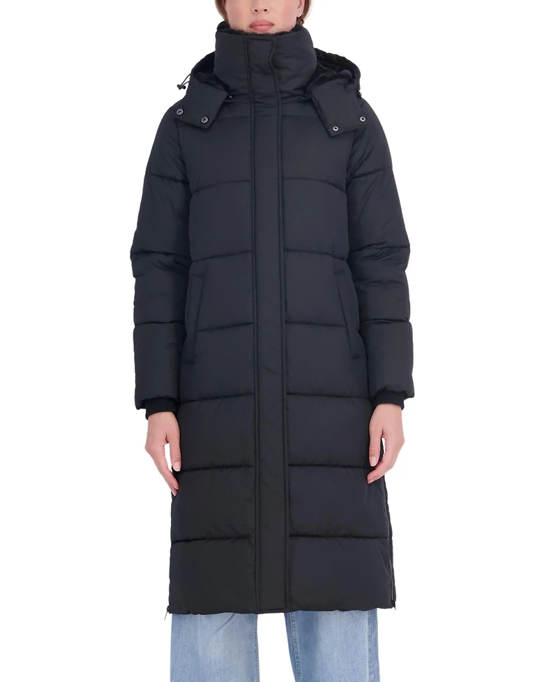 Sebby Collection Women's Long Hooded Faux Fur Trimmed Puffer Coat