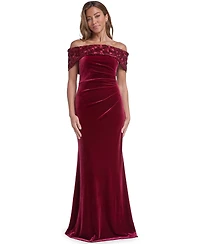 Eliza J Women's Off the Shoulder Side Tuck Velvet Floral-Applique Sequin Gown
