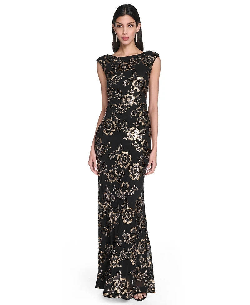 Eliza J Women's Floral-Print Sequined Boat Neck Gown