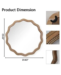 Phying 23.62 Inch Wavy Scalloped Round Wall Mirror Large Decorative Solid Wood Framed Circle Mirror Modern Stylish Hanging Vanity Mirror