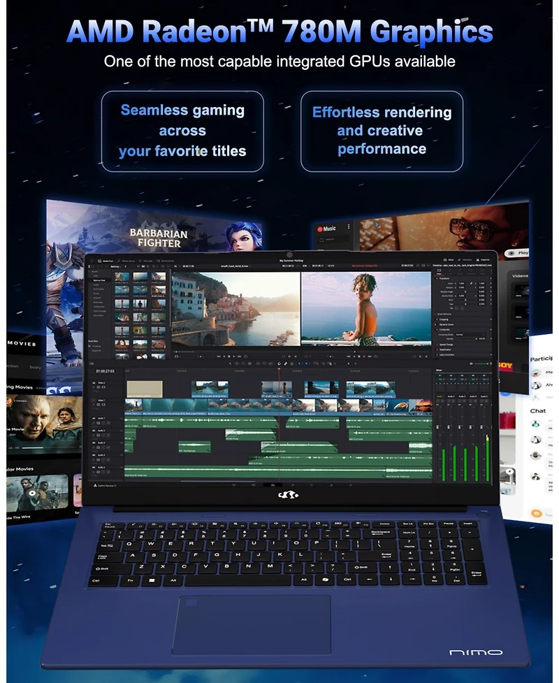 Nimo 17.3 Gaming Laptop, 8 Core Amd Ryzen 7 8745HS 64GB Ram 1TB Ssd Radeon 780M, with eGPU Dock Rx 7600M Xt 8GB GDDR6