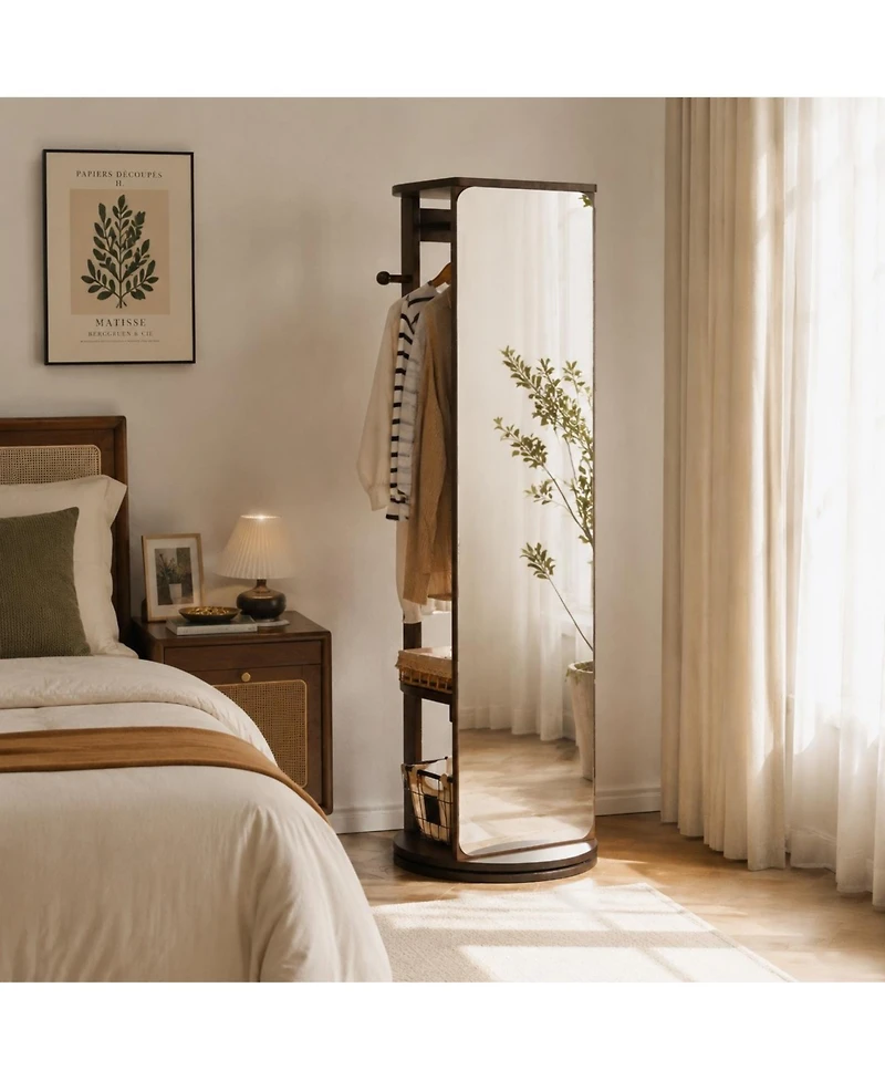 Phying Solid Rubberwood Rotating Full-Length Mirror Jewelry Armoire Cabinet with Multi-Functional Hooks and Storage Organizer, Freestanding