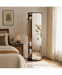 Phying Solid Rubberwood Rotating Full-Length Mirror Jewelry Armoire Cabinet with Multi-Functional Hooks and Storage Organizer, Freestanding