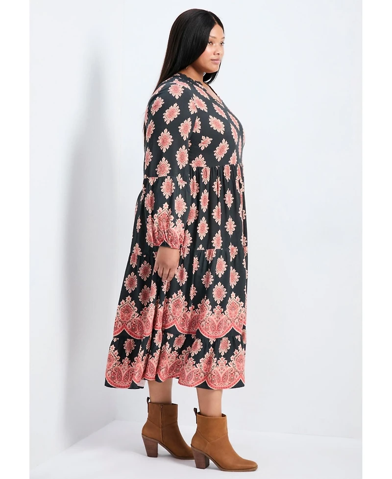 Avenue Women's Everlasting Bordered Print Blouson Sleeve Dress
