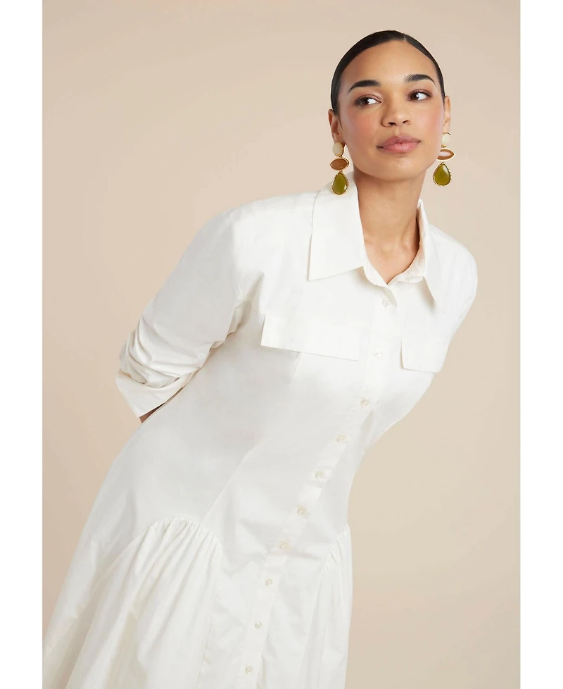 Eloquii Women's Plus Shirred Godet Flare Poplin Dress