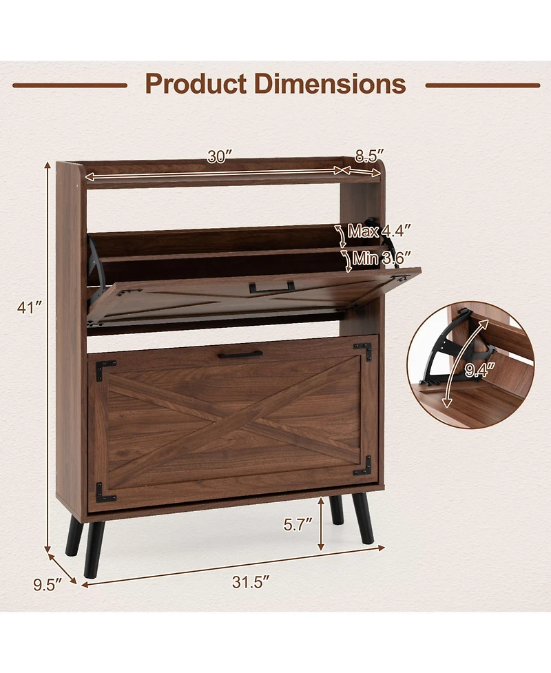 Gymax Narrow Shoe Cabinet w/2 Flip Drawers Adjustable and Removable Shelves for Entryway