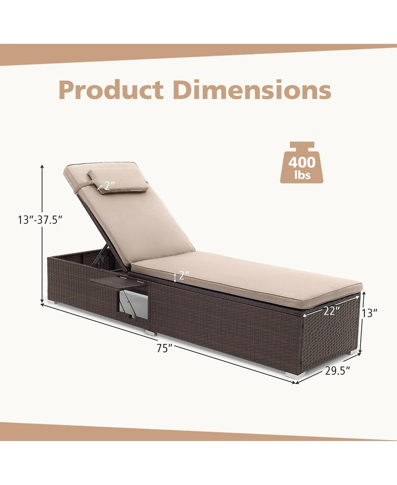 Gymax Patio Chaise Lounge w/ 6-level Backrest Comfy Seat Cushion and Headrest Backyard