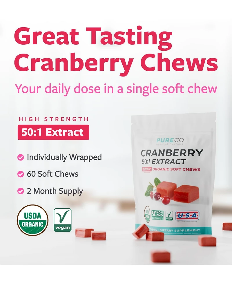 Pure Co Cranberry Soft Chews, 50:1 Cranberry Extract