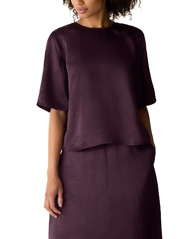 Eileen Fisher Women's Crewneck Elbow-Sleeve Crinkled-Satin Blouse