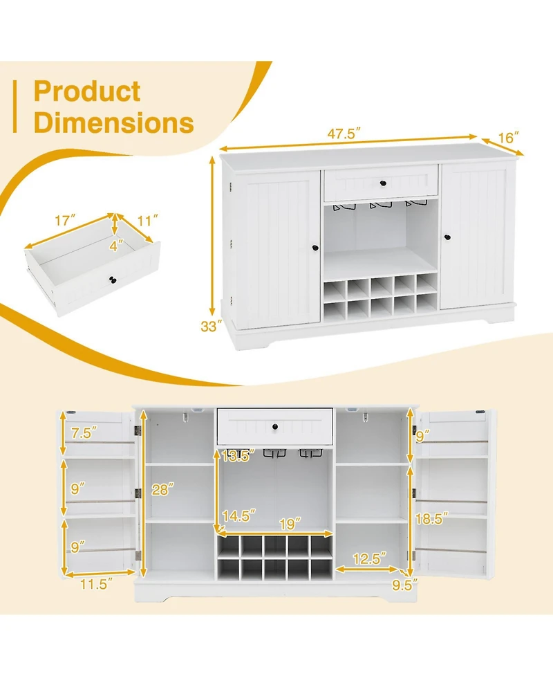 Gymax Sideboard Cabinet with Door Shelves 10-Bottle Wine Rack Glass Holder Drawer