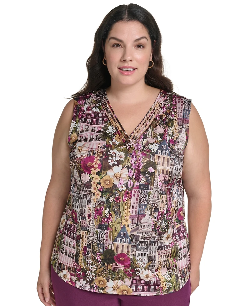 Karl Lagerfeld Paris Plus Graphic-Print V-Neck Blouse, Created for Macy's