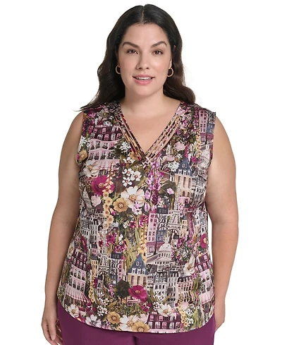 Karl Lagerfeld Paris Plus Graphic-Print V-Neck Blouse, Created for Macy's