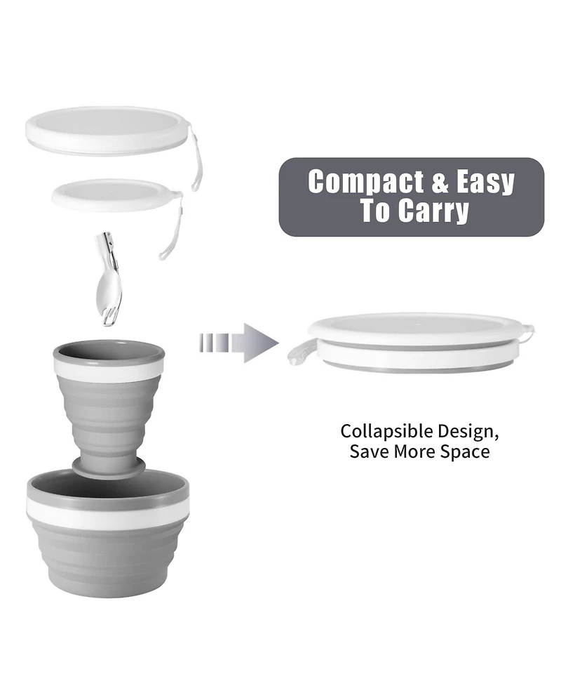 Piscifun Collapsible Silicone Cup Bowl Set Portable Camping Mess Kit With Stainless Steel Spork Lid For Hiking Travel