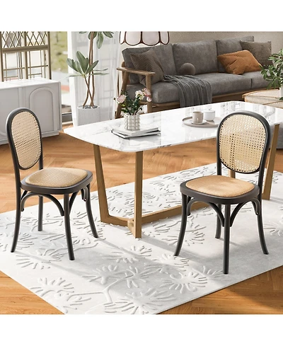 Flynama Set of 2 Vintage Rattan Dining Chairs, Birch Solid Wood Frame No Assembly Required