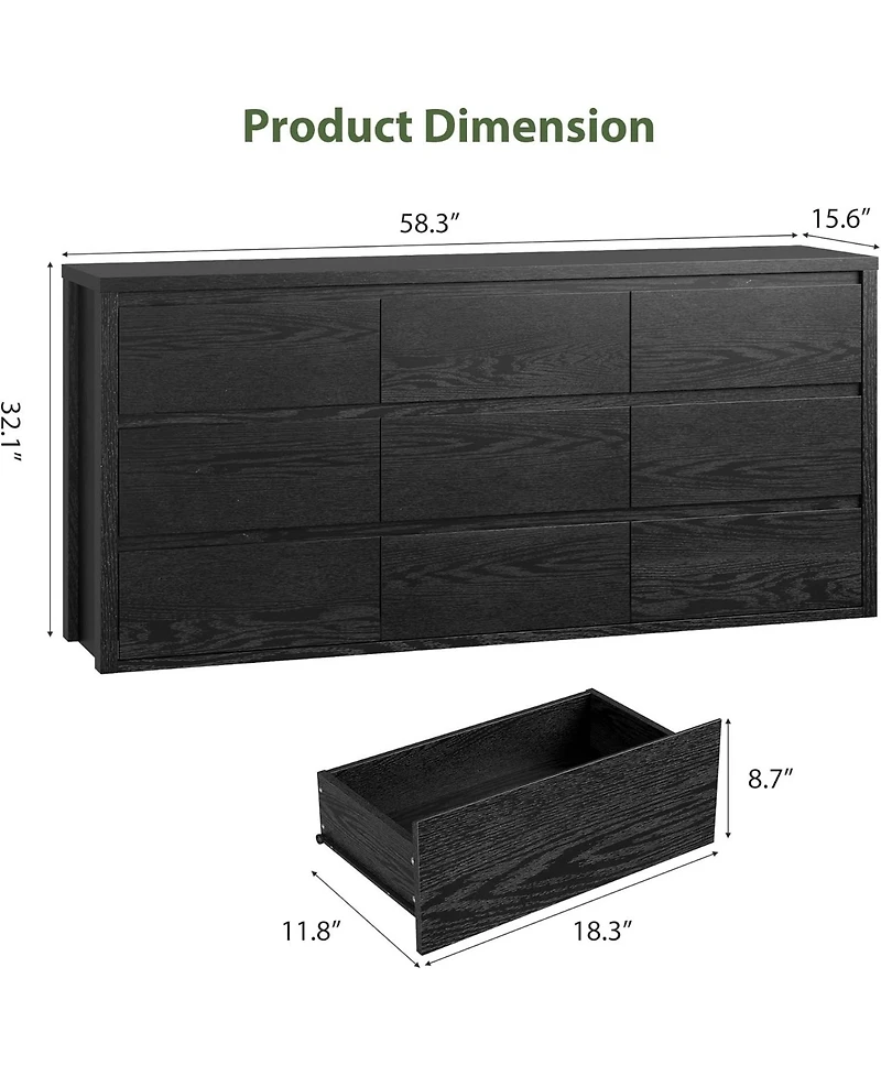gaomon 9-Drawer Wood Dresser, Wide Modern Chest of Drawers, Storage Organizer for Bedroom, Living Room