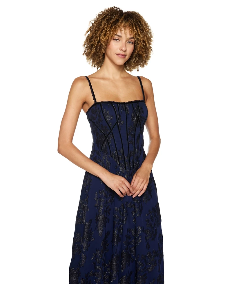 Alex & Sophia Juniors' Floral-Print Chiffon Jacquard Corset Bodice Gown
