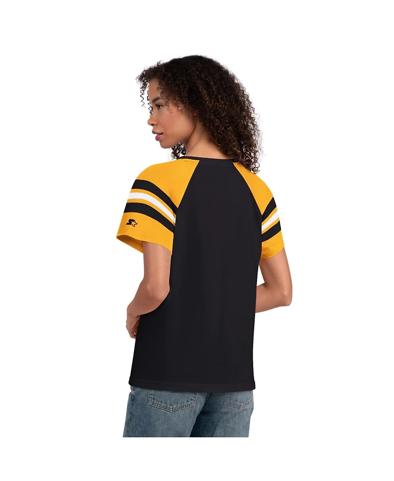 Starter Women's Black Pittsburgh Steelers Game On Notch Neck Raglan T-Shirt