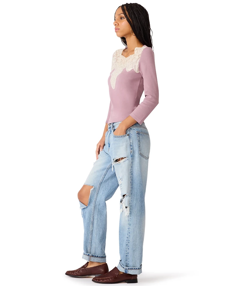 Steve Madden Women's Rib Knit Lace Trim 3/4 Sleeve Square Neck Top