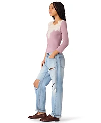Steve Madden Women's Rib Knit Lace Trim 3/4 Sleeve Square Neck Top