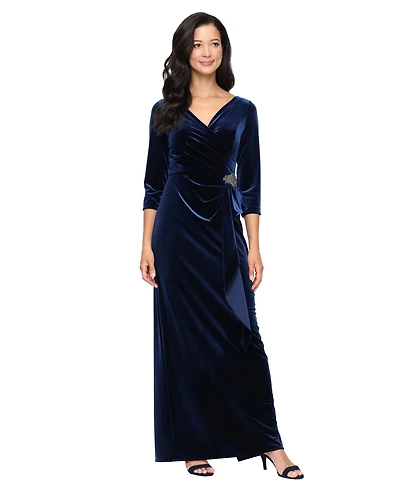 Alex Evenings Women's Stretch Velvet Surplice Embellished-Cascade Gown