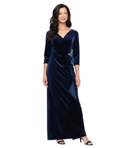 Alex Evenings Womens Stretch Velvet Surplice Embellished Cascade Gown
